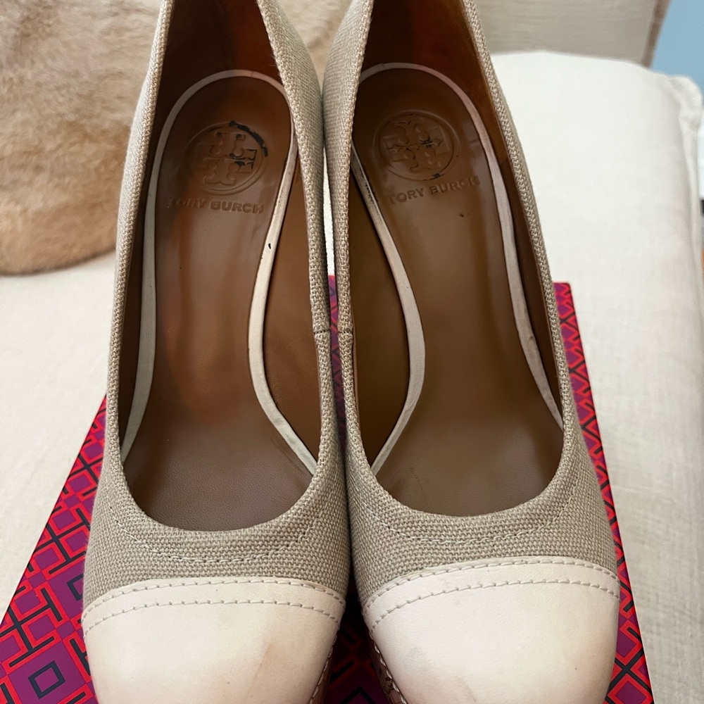 Tory Burch Wedge’s with Logo Two Toned